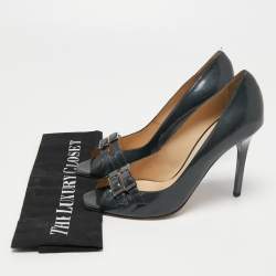 Pre Owned Jimmy Choo Metallic Grey Patent Leather Double Buckle Pumps Size 39.5