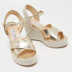 Jimmy Choo Gold Leather Dellena Wedge Sandals Size 38.5