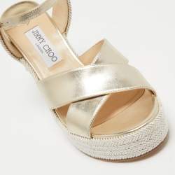 Jimmy Choo Gold Leather Dellena Wedge Sandals Size 38.5