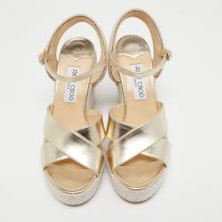 Jimmy Choo Gold Leather Dellena Wedge Sandals Size 38.5