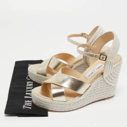 Jimmy Choo Gold Leather Dellena Wedge Sandals Size 38.5