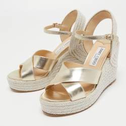 Jimmy Choo Gold Leather Dellena Wedge Sandals Size 38.5