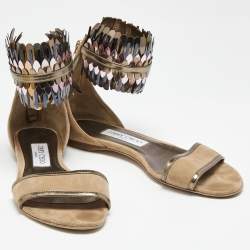 Pre Owned Jimmy Choo Beige Suede Kimro Fringe Flat Sandals Size 37