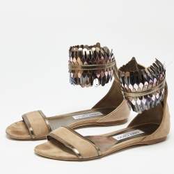 Pre Owned Jimmy Choo Beige Suede Kimro Fringe Flat Sandals Size 37