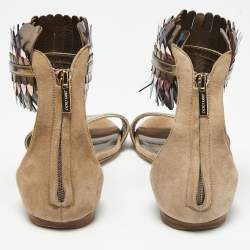Pre Owned Jimmy Choo Beige Suede Kimro Fringe Flat Sandals Size 37