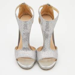 Pre Owned Jimmy Choo Metallic Silver Coarse Glitter Lana T-Strap Sandals Size 39