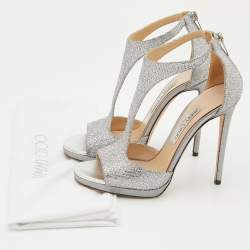 Pre Owned Jimmy Choo Metallic Silver Coarse Glitter Lana T-Strap Sandals Size 39