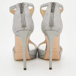 Pre Owned Jimmy Choo Metallic Silver Coarse Glitter Lana T-Strap Sandals Size 39