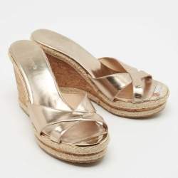 Pre Owned Jimmy Choo Gold Leather Prima Wedge Sandals Size 40