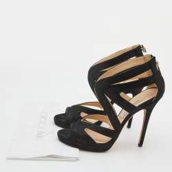مملوكة مسبقًا Jimmy Choo Black Glitter Suede Cutout Collar Open Toe Sandals Size 38.5