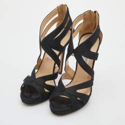مملوكة مسبقًا Jimmy Choo Black Glitter Suede Cutout Collar Open Toe Sandals Size 38.5