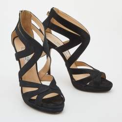 مملوكة مسبقًا Jimmy Choo Black Glitter Suede Cutout Collar Open Toe Sandals Size 38.5