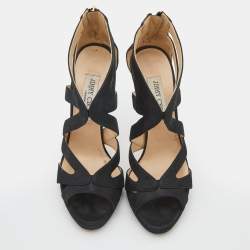 مملوكة مسبقًا Jimmy Choo Black Glitter Suede Cutout Collar Open Toe Sandals Size 38.5