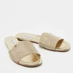 Pre Owned Jimmy Choo Gold Lame Fabric Slide Flats Size 38