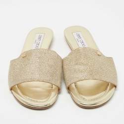 Pre Owned Jimmy Choo Gold Lame Fabric Slide Flats Size 38
