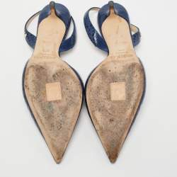 Pre Owned Jimmy Choo Navy Blue Croc Embossed Leather Slingback Pumps Size 37.5  