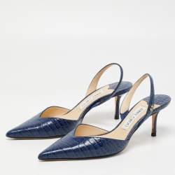 Pre Owned Jimmy Choo Navy Blue Croc Embossed Leather Slingback Pumps Size 37.5  