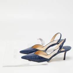 Pre Owned Jimmy Choo Navy Blue Croc Embossed Leather Slingback Pumps Size 37.5  