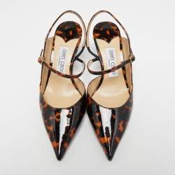 Pre Owned Jimmy Choo Black/Orange Animal Print Patent Leather Ray Slingback Pumps Size 37.5