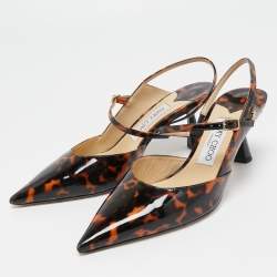 Pre Owned Jimmy Choo Black/Orange Animal Print Patent Leather Ray Slingback Pumps Size 37.5