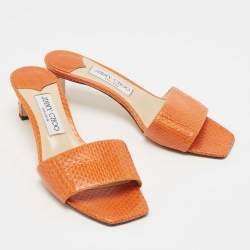 Pre Owned Jimmy Choo Orange Snakeskin K-Slide Sandals Size 37 