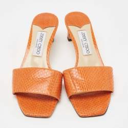 Pre Owned Jimmy Choo Orange Snakeskin K-Slide Sandals Size 37 
