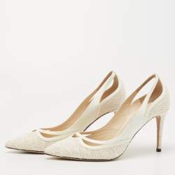 Pre Owned Jimmy Choo White Patent and Fabric Pointed Toe Pumps Size 38