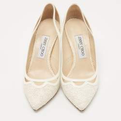 Pre Owned Jimmy Choo White Patent and Fabric Pointed Toe Pumps Size 38