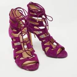 Pre Owned Jimmy Choo Purple Suede Hitch Ankle Tie Sandals Size 36