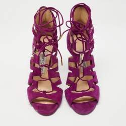 Pre Owned Jimmy Choo Purple Suede Hitch Ankle Tie Sandals Size 36