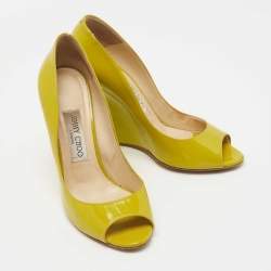 Jimmy Choo Yellow Patent Leather Bello Peep Toe Wedge Pumps Size 38