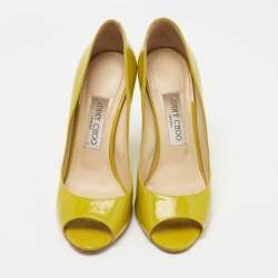 Jimmy Choo Yellow Patent Leather Bello Peep Toe Wedge Pumps Size 38