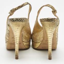 مملوكة مسبقًا Jimmy Choo Gold Python Embossed Leather Peep Toe Platform Nova Slingback Pumps Size 35.5