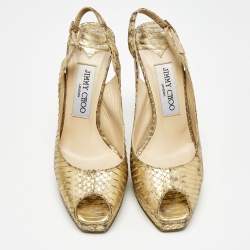 مملوكة مسبقًا Jimmy Choo Gold Python Embossed Leather Peep Toe Platform Nova Slingback Pumps Size 35.5