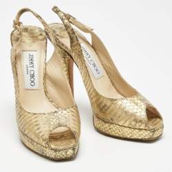 مملوكة مسبقًا Jimmy Choo Gold Python Embossed Leather Peep Toe Platform Nova Slingback Pumps Size 35.5