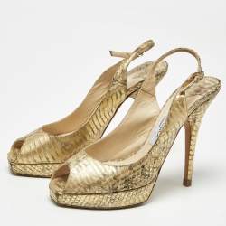 مملوكة مسبقًا Jimmy Choo Gold Python Embossed Leather Peep Toe Platform Nova Slingback Pumps Size 35.5