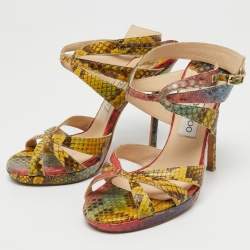 مملوكة مسبقًا Jimmy Choo Multicolor Python Embossed Leather Ankle Straps Open Toe Sandals Size 37