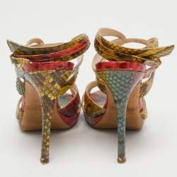 مملوكة مسبقًا Jimmy Choo Multicolor Python Embossed Leather Ankle Straps Open Toe Sandals Size 37