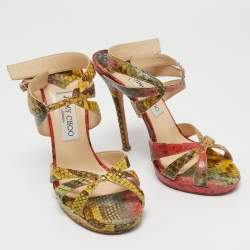 مملوكة مسبقًا Jimmy Choo Multicolor Python Embossed Leather Ankle Straps Open Toe Sandals Size 37