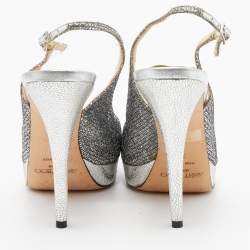 Pre Owned Jimmy Choo Metallic Silver Coarse Glitter Platform Slingback Pumps Size 38