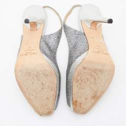 Pre Owned Jimmy Choo Metallic Silver Coarse Glitter Platform Slingback Pumps Size 38