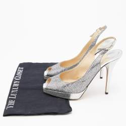 Pre Owned Jimmy Choo Metallic Silver Coarse Glitter Platform Slingback Pumps Size 38