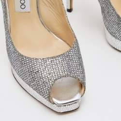 Pre Owned Jimmy Choo Metallic Silver Coarse Glitter Platform Slingback Pumps Size 38