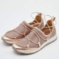 Pre Owned Jimmy Choo Metallic Beige Leather and Mesh Slip On Low Top Sneakers Size 38