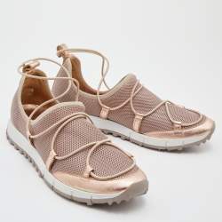 Pre Owned Jimmy Choo Metallic Beige Leather and Mesh Slip On Low Top Sneakers Size 38