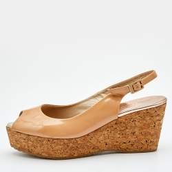 Pre Owned Jimmy Choo Beige Patent Leather Prova Cork Platform Wedge Pumps Size 38.5