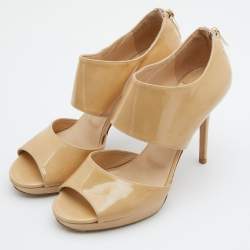 Pre Owned Jimmy Choo Beige Patent Leather Private Ankle Strap Sandals Size 38.5