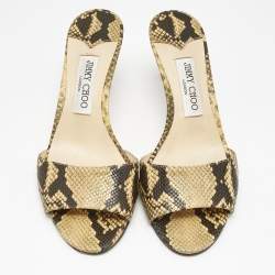 Pre Owned Jimmy Choo Black/Beige Lizard Embossed Leather Stacy Slide Sandals Size 38.5