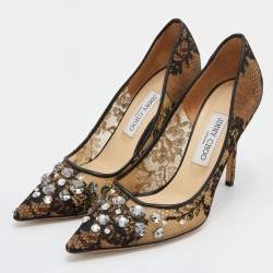 مملوكة مسبقًا Jimmy Choo Black Lace and Mesh Crystal Embellished Pointed Toe Pumps Size 39