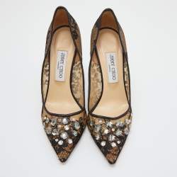 مملوكة مسبقًا Jimmy Choo Black Lace and Mesh Crystal Embellished Pointed Toe Pumps Size 39